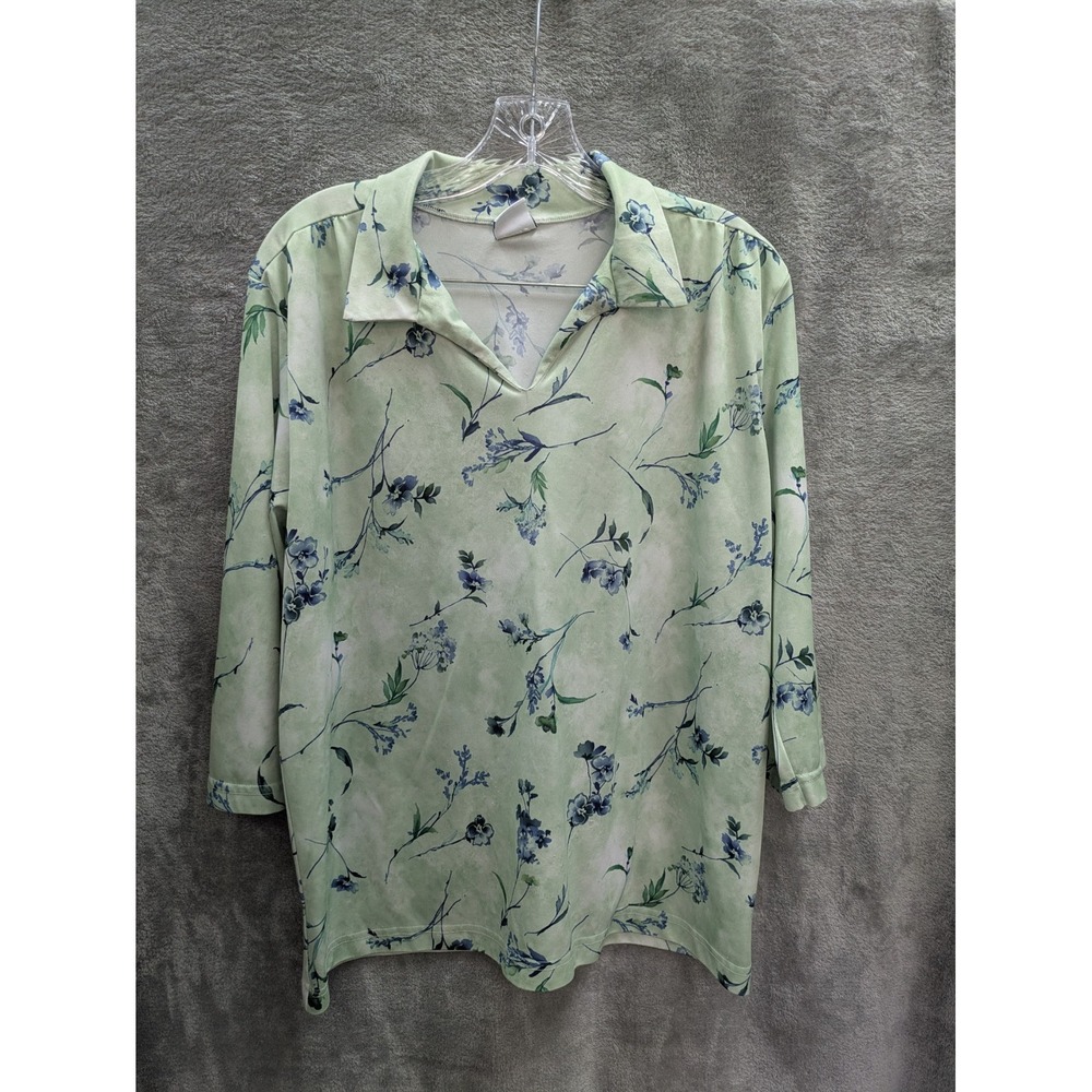 Grandmacore Floral Top Women's XL V-Neck Long Sleeve Mint Green READ‎